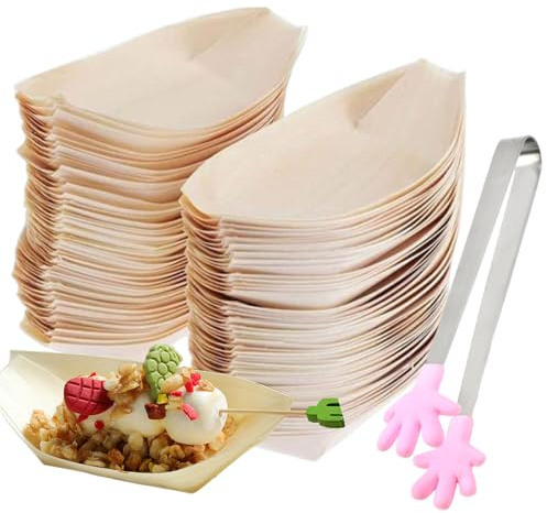 LURNODY Set med 200 tallträskålar + silikonklämma, nedbrytbar träskål, engångsmat, engångsbåtform, lämplig för servering av snacks pommes frites sallad sushi tårta
