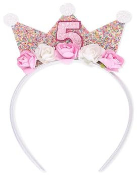Corona di compleanno per bambine,5 anni Fascia Tiara Corona da principessa Cerchietto Bambina con Fiore Rosa Copricapo Decorazioni di Compleanno Accessorio per Capelli per Donne e Ragazze