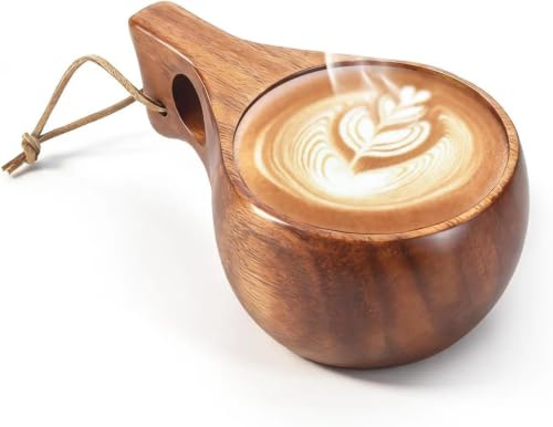 220ML Holztasse Nordischer Stil Handgefertigte Finnische Kuksa Holztasse Tragbare Tasse Trinkbecher für Kaffee Tee Milch Wandern, Camping, Küche, Outdoor (Thin Handle)