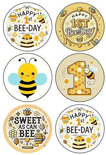 6 x First Bee-Day Edible Cupcake Toppers – Wafer Card or Icing – First Birthday Themed Party Decorations Perfect For Brownies Cookies Muffins & More! (Edible Wafer Card)