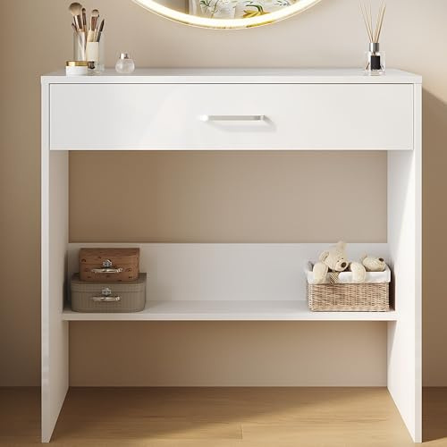 SUNXURY Schminktisch Modern Kosmetiktisch mit 1 Schubladen und mittlerem Ablageboden Schminktisch ohne Spiegel Frisiertisch Kosmetiktisch Makeup Tisch Weiß 800x400 mm