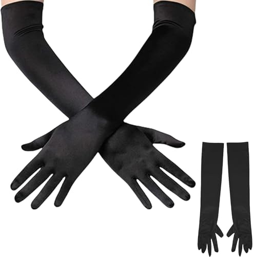 1 Paar Handschuhe Lang Schwarz,Handschuhe Elegant Damen,Satin Classic Abendhandschuhe,1920er Opernhandschuhe,Black Gloves Costume,Schwarze Hand schuhe Stoff für Halloween Opera Party Karneval Kostüm
