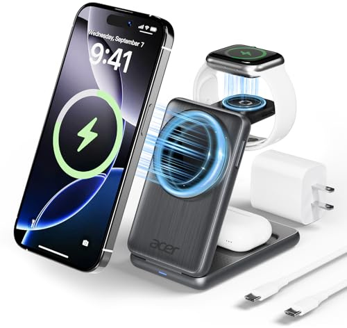 Acer 3 in 1 Charging Station for Apple Device, Magnetic Wireless Foldable Fast Charger Stand Compatible with MagSafe for iPhone, Apple Watch & AirPods, Foldable Charging Dock for Desk S3
