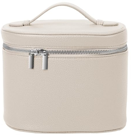 Fjquamitix Make-up-Tasche aus Leder für Damen, Reise-Kosmetikkoffer mit herausnehmbarer Innentasche, tragbare Make-up-Tasche für Koffer und Kosmetikaufbewahrung, weiß, Minimalistisch