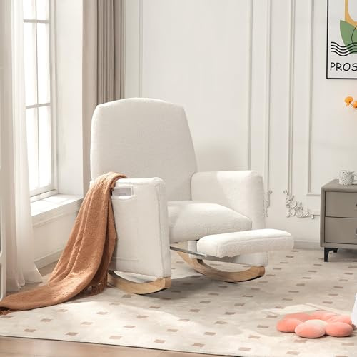 Generisk gungstol, loungefåtölj, gungfåtölj med fotstöd, amningsfåtölj, fleeceyta, 1 sidoficka, bekväm läsfåtölj för vardagsrum, sovrum, 96 x 67 x 96 cm vit