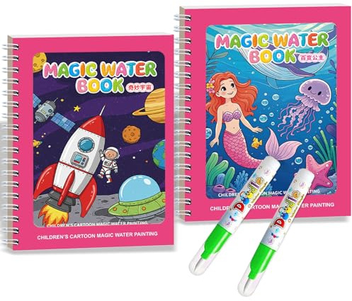 Exbrith 2 Stück Wiederverwendbar Magic Water Book, Malbuch für Kinder, Magisches Doodle Malbuch, Magisches Malbücher Set, mit 2 Wasserstift, Geeignet für Jungen Mädchen im Alter von 3 bis 8 Jahren