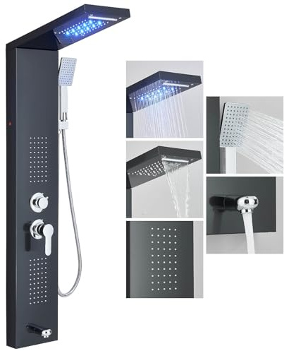 Panel de ducha columna de ducha de hidromasaje negro para baño con cabezal de ducha LED sistema de ducha de salida de agua multifunción de acero inoxidable