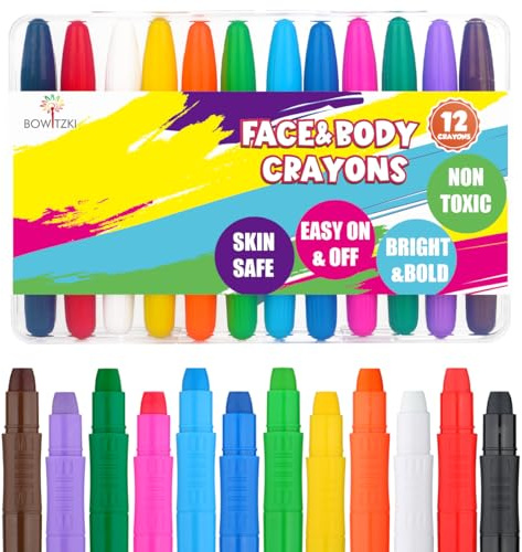 Bowitzki Face and Body Paint Crayon, 12Pcs XL Face Painting Kit 12 Vibrant Colors Washable Face Paint Sticks for Adults Party, Halloween Makeup, Event, Cosplay