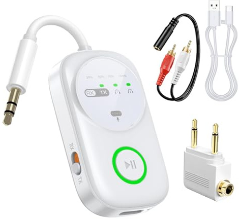 Bluetooth Transmitter Receiver, 2-in-1 Wireless Bluetooth 5.4 Adapter, Dual Connection, Built-in Mic, 3.5mm Aux Audio Adapter with RCA Cable, for Airplane/TV/Car/PC/Gym/Home Stereo