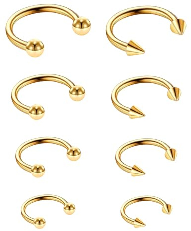 Telooco 8 Pcs 16G Septum Piercing Jewellery Surgical Steel Horseshoe Nose Ring Hoop Eyebrow Lip Navel Ring Earrings Body Piercing Jewellery for Women Men 6/8/10/12mm (Gold)