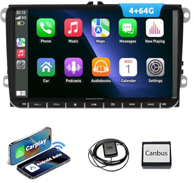 ESSGOO True 4+64G Wireless Autoradio 9 Zoll Bildschirm mit Carplay und Android Auto, Android15 Car Radio für VW Golf 5 6 T5 Polo Passat Touran Tiguan Seat Skoda mit Bluetooth GPS AM FM RDS Navi SWC