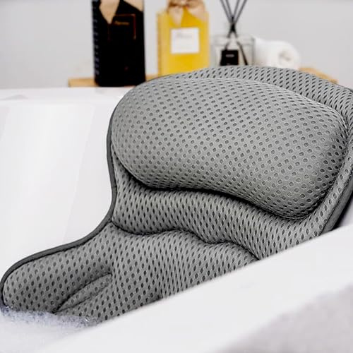 Bath Pillow, 4D Air Mesh Technology Ergonomic Bath Pillow, Luxury Head & Neck & Back Support Bath Cushion with 6 Powerful Suction Cup Fits All Bathtubs & Hot Tub & Home Spa (Grey)