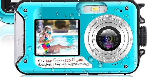 Yixinxin Unterwasserkamera, 4K 64MP 16FT wasserdichte Kamera mit 32GB Karte | Selfie Doppelte Bildschirme, Autofokus, 16X Digitalzoom ,Digitalkamera wasserdichte für Schnorcheln mit 1250mAh Akku