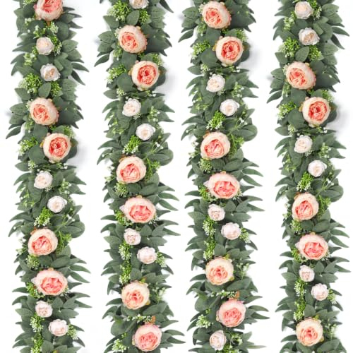 Dremisland 4 stycken konstgjorda blomgirlang, champagne, eukalyptus, girlang, dekoration, sidenblommor, sommar, rosengirlang, pion, konstgjorda blommor, girlang, blomrankor för bröllop