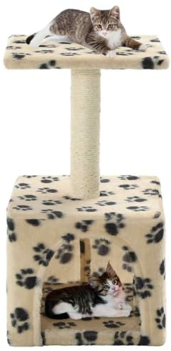 sephironlbb Arbre à chat en sisal avec impression de pattes - Hauteur : 55 cm - Beige - En peluche - Colonne à chat et maison - Arbre à grimper pour appartement et salon - Meuble à gratter stable pour