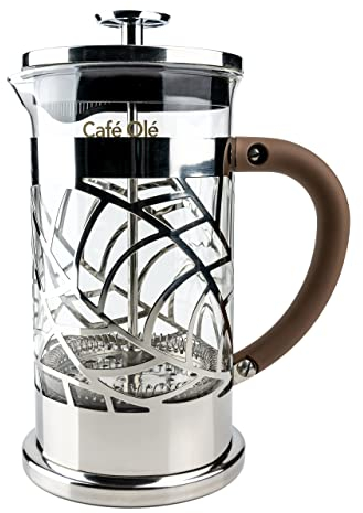 Café Olé BM-03C Floral - Caffettiera trasparente in acciaio INOX 18/10 e vetro da 350 ml, 3 tazze da caffè, acciaio inox