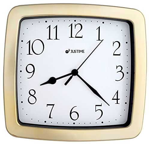 JUSTIME 8.5-inch Quality Square Water Resistant Quartz Wall Clock Special for Small Space, Office, Boats, RV (W40504 Gold Plate)