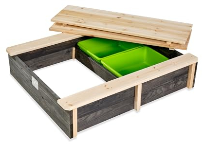 EXIT Toys Aksent Bac à Sable en Bois - avec 2 Bancs - 2 Bacs de Rangement Amovibles - Verrouillable avec Couvercle - pour Enfants - 100% FSC Bois de Cèdre - 94x77cm