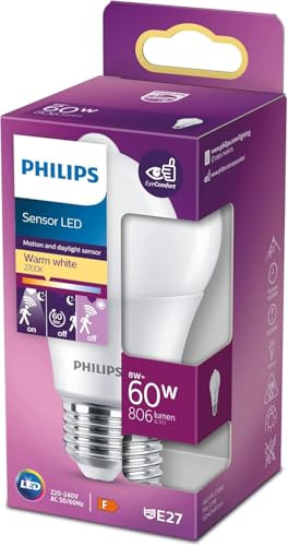 Philips Classic Sensor: LED-ljuskälla, Rörelsesensor (IR), 60W, E27, A60, Frostat glas, varmvitt ljus, 2700 kelvin, 15 000 timmar, Ej dimbar