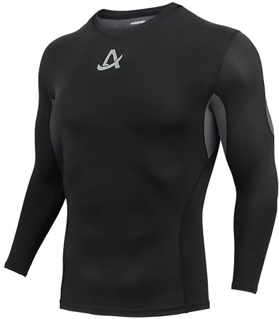 AMZSPORT Camicia a Compressione Sportiva da Uomo Maglietta a Maniche Lunghe Freddo Secco Fitness Base Layer, Nero M