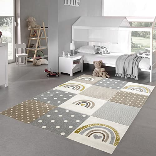 Teppich-Traum Kinderzimmer Teppich Spielteppich Regenbogen Punkte Herzchen beige grau Creme Größe 160x230 cm
