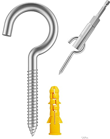HXLPAY 304 Edelstahl Schraubhaken, Metallhaken, Heavy Duty Screw Eye Hooks, Holzklemme Ring Eye Haken, Hängemattenhalterungen, Ösenbolzen (3.5 26 pcs + 1 pcs 1/4 hex shank wing nut driver)