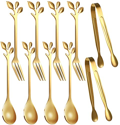 Sieral 10 Pieces Leaf Coffee Spoons, Mini Serving Tongs and Appetizer Forks Stainless Steel Sugar Cube Tongs Dessert Spoons Metal Dinner Forks for Dessert Coffee Tea (Gold)