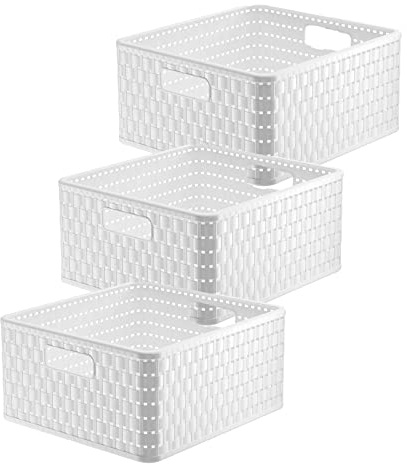 Rotho Country Aufbewahrungsboxen 3er-Set je 14 L stapelbar mit Griffen Weiß | Aufbewahrungsboxen aus Kunststoff, Rattan-Optik, mit Griffen, modular kombinierbar, pflegeleicht, stabil, ohne Deckel