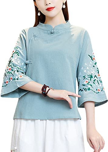 Qipao Damen-Bluse, chinesisches Blumenmuster, mit Schößchen, Ethno-Mandarinenkragen, ausgestellte Ärmel, Grün , Small Zierlich
