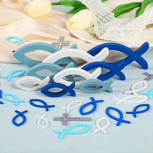 SEPGLITTER 140 Stück Holzfische Deko Set, 9 Stück Extra Große Holz Taufe Deko Weiß Blau Kreuz Tischdeko Streudeko für Taufe Kommunion Konfirmation Deko Babyshowerparty Mädchen Junge