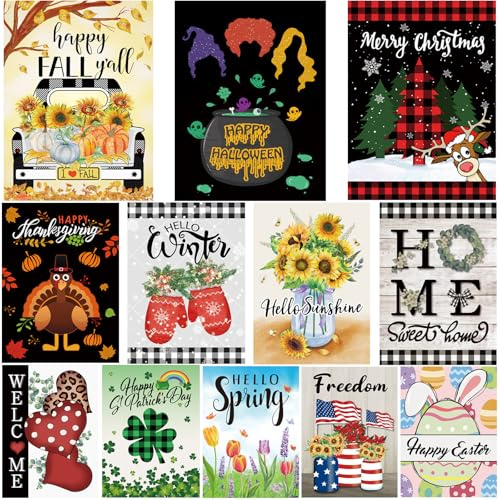 Pating Seasonal Garden Flags Set of 12 Double Sided 12 x 18 Inch, Small Yard Flags for Outside, Christmas Halloween Easter Valentine's Day Outdoor Decor, Holiday Garden Decorations for All Seasons