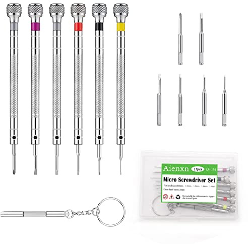 Aienxn 13PCS (6 Sets) Micro Precision Jewelry Screwdriver Set, Watch Screwdriver Kit 0.8-1.6mm, 6 Extra Replace Blades for Watch Repair, Electronics Repair, Jewelry Work, Eyeglasses Repair Q-034