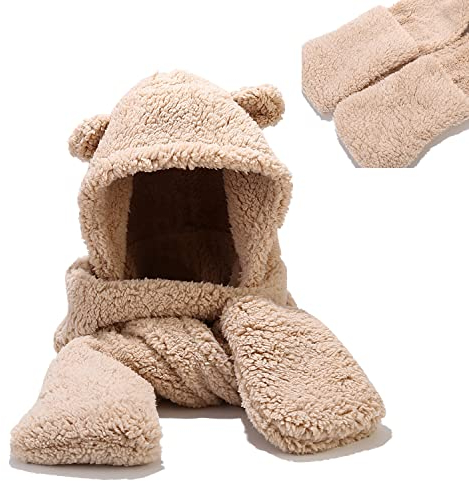 Umeepar Winter Bear Ear Sherpa Hood Hat Scarf Gloves 3 in 1 Hooded Scarf for Women Men (Beige)