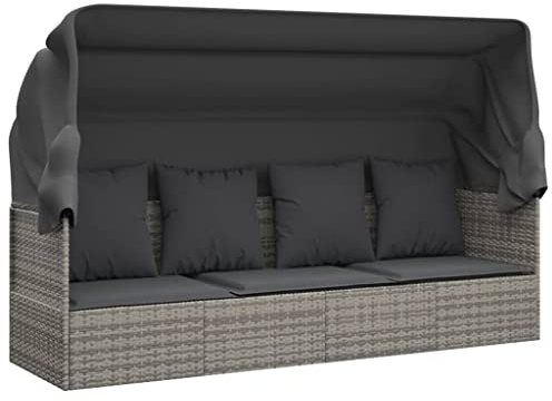vidaXL Outdoor Loungebett, Verstellbar Gartensofa mit Kissen Dach, Sonnenliege mit Stahlrahmen, Relaxliege Lounge Sofa, Grau Poly Rattan