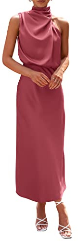 PRETTYGARDEN Women's 2025 Summer Satin Dress Elegant Sleeveless Mock Neck Cocktail Party Maxi Dresses (Brick Red,Medium)