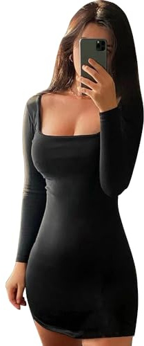 QKEPCY Women's Square Neck Bodice Dress - Black Jumper Long Sleeve Midi U Neck Winter Dress With High Elasticity (Black L)