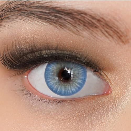 Kontaktlinsen farbig ohne Stärke blau | farbige blaue Jahreslinsen | weiche Linsen | 2 Stück Farblinsen + Linsenbehälter | 0.0 Dioptrien | natürliche Farben | Charmiga Sugar Blue