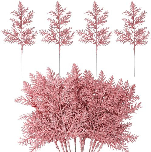 MWOOT 16 Pezzi Rami di Pino Artificiale Glitterate in Plastica, Finti Aghi di Pino Natalizio, Rami di Abete Rosa per Fai Da Te Ghirlanda Albero di Natale Bouquet di Nozze Casa Giardino Decorazione