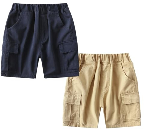 Volunboy Baby pojkar 2-pack pull-on shorts elastisk midja cargo chino vardaglig svartgrön multipack under med fickor, Kaki marinblå, 5-6 År