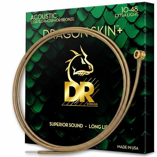 DR Strings Acoustic Guitar Strings | DRAGON SKIN+ Coated Phosphor Bronze | DAP-10 | Superior Sound with Comfortable Feel & Long Life | Extra Light 10-48 (DAP-10)