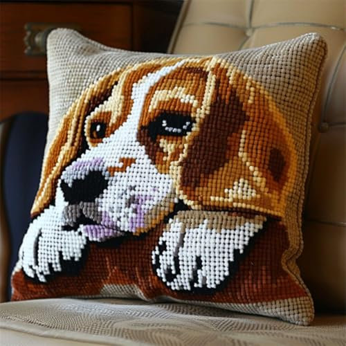 RKFLGEW DIY knüpfen set anfänger Hund auf dem Tisch knüpfkissen mit vordruck Fantasie Hund DIY Haken Häkeln Garn Nadel Handwerk einfache handgemachte Kissen für Home Sofa Dekoration 43x43cm