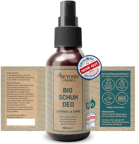 BEYOND CHEMICS Schuh Deo | Bio Schuhspray gegen Geruch und Schweiß | Endlich Schluß mit Fußgeruch | Mikrobiologische Formel für nachhaltigen Frischeeffekt | DERMATEST: Sehr gut
