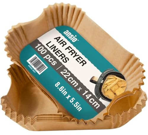 ANSIO Air Fryer Paper Liners – 100 PCS Rectangle Disposable Liners | Compatible with Ninja, Salter, Tower and Other Dual Zone Air Fryers – 22cm x 14cm x 4.5cm
