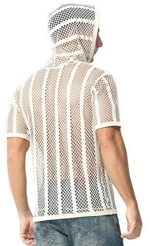 Hombres de Manga Corta de Malla de Rejilla con Capucha Tank Top Sexy Raya Ver A Través de Hueco A Cabo Sheer Camisetas(Beige,XL)