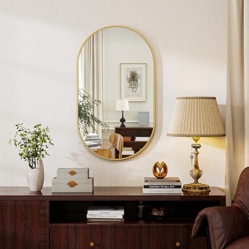 Koonmi Oval Bathroom Mirror, 30 x 60 cm Tempered Glass Wall Mounted Mirror, Bathroom Vanity Mirror without Distortion Hanging Horizontally or Vertically for Bedroom, Entryway, Living Room, Gold