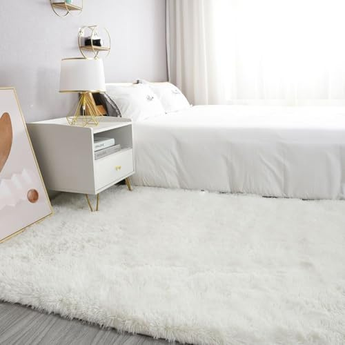 XUEDNGM Shaggy Hochflor Teppich Fellteppich 50 x 220 cm Hochflor Teppich Teppich Wohnzimmer Flächenteppich Flauschig, Weich, Pflegeleicht, Anti-Rutsch, Waschbar für Wohn Schlafzimmer, Weiß
