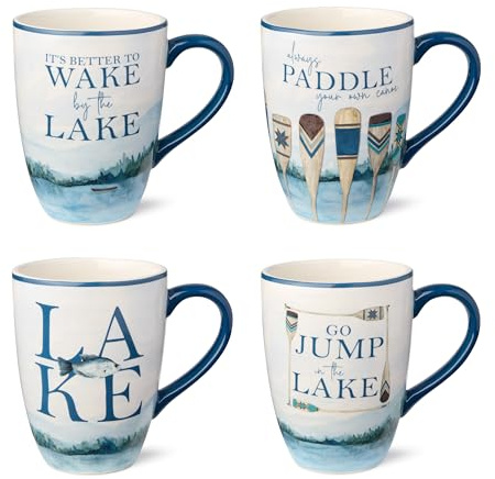 Wake at the Lake 14-Ounce JUMBO Mugs, Set of 4, Lakeside-Inspired Designs with Oars & Water Scenes, Durable Ceramic, Dishwasher & Microwave Safe, Cozy Coffee & Tea Cups for Everyday Use