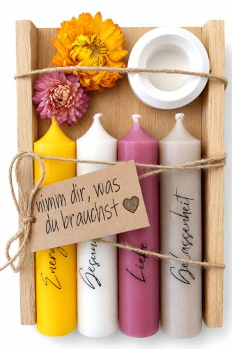Kerzen Geschenkset Geburtstagsgeschenk für Frauen oder Freundin | nimm dir, was du brauchst | Mitbringsel | Kerzenhalter Holzkiste mit Kerzen Deko und Strohblumen