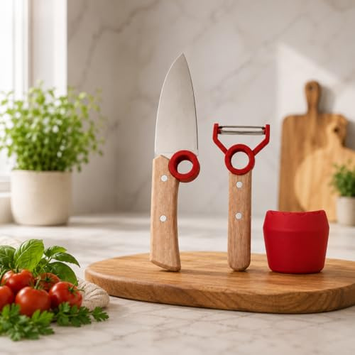 Market Stylez Kinder Kochmesser Set - 3 teilig - Kochmesser - Fingerschutz - Sparschäler - rostfrei Rot