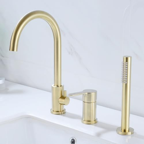 XJTNLB 3-Loch Wannenrandarmatur Gold Gebürstet mit Herausziehbarem Handbrause 360° Schwenkbar Einhebelmischer Badewanne